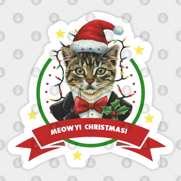 Meow Christmas with tuxedo Cat Sticker by QuantArt